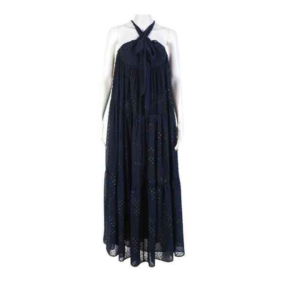 NWT LE SUPERBE Starry Night Navy Blue Metallic Chiffon Tie Back Maxi Gown Size 6 - Picture 11 of 14